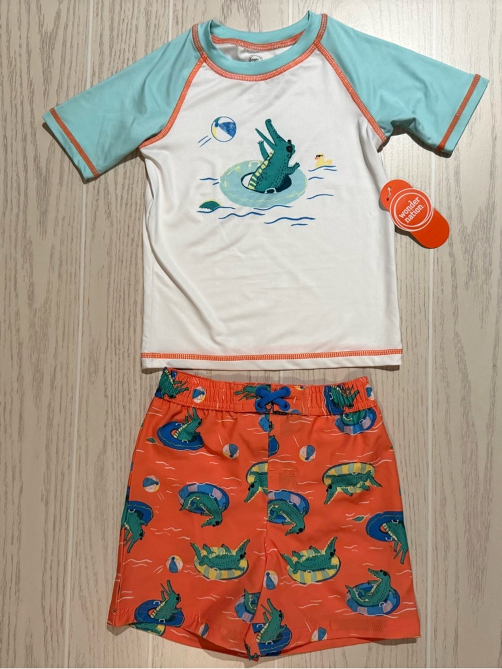Wonder Nation Boys 3T Swim Set Alligator Rash Guard Orange Trunks NWT